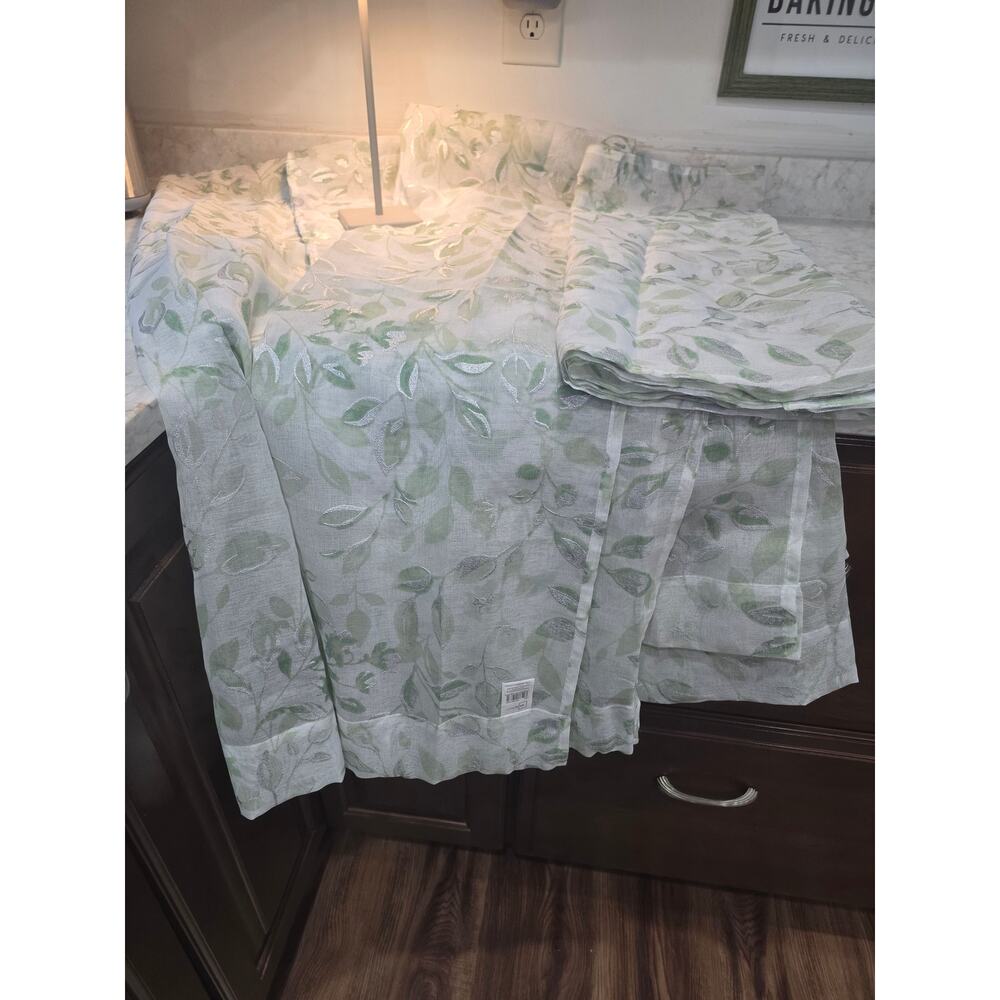 Curtains Sage Green Silver Embroidered Two Windows  Four Panels New 84x27.5